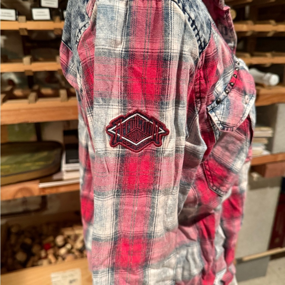 Affliction Red and Gray Plaid Shirt - Picture 4 of 7